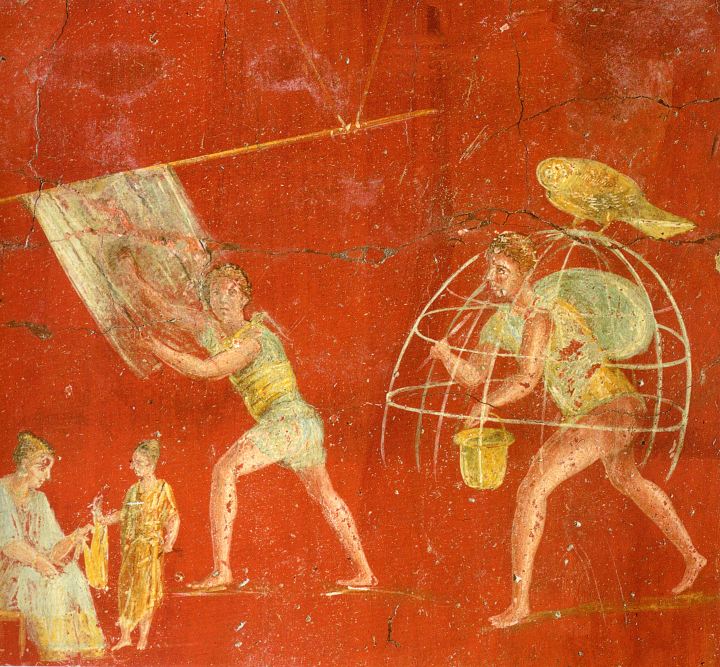 Fresco romano del fullonica (tienda de tintorero) de Veranio Hypsaeus en Pompeya.